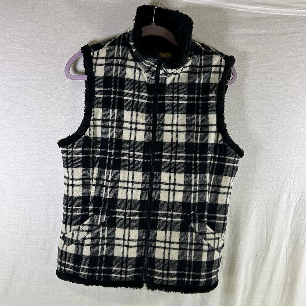Woolrich Women’s Vest Black & White Moccasin Plaid Wool Size M Fuzzy Lined